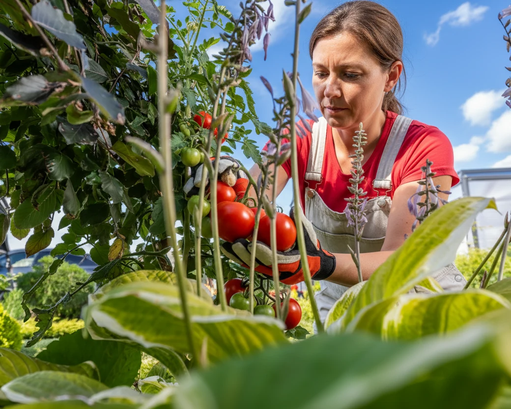Home gardener harvesting tomatoes in a Biochar application setting