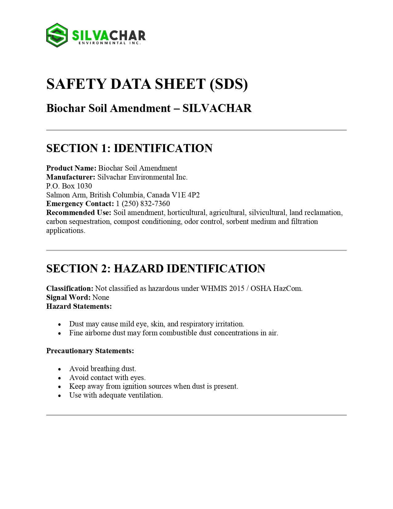 Silvachar Safety Data Sheet, page 1 of 5