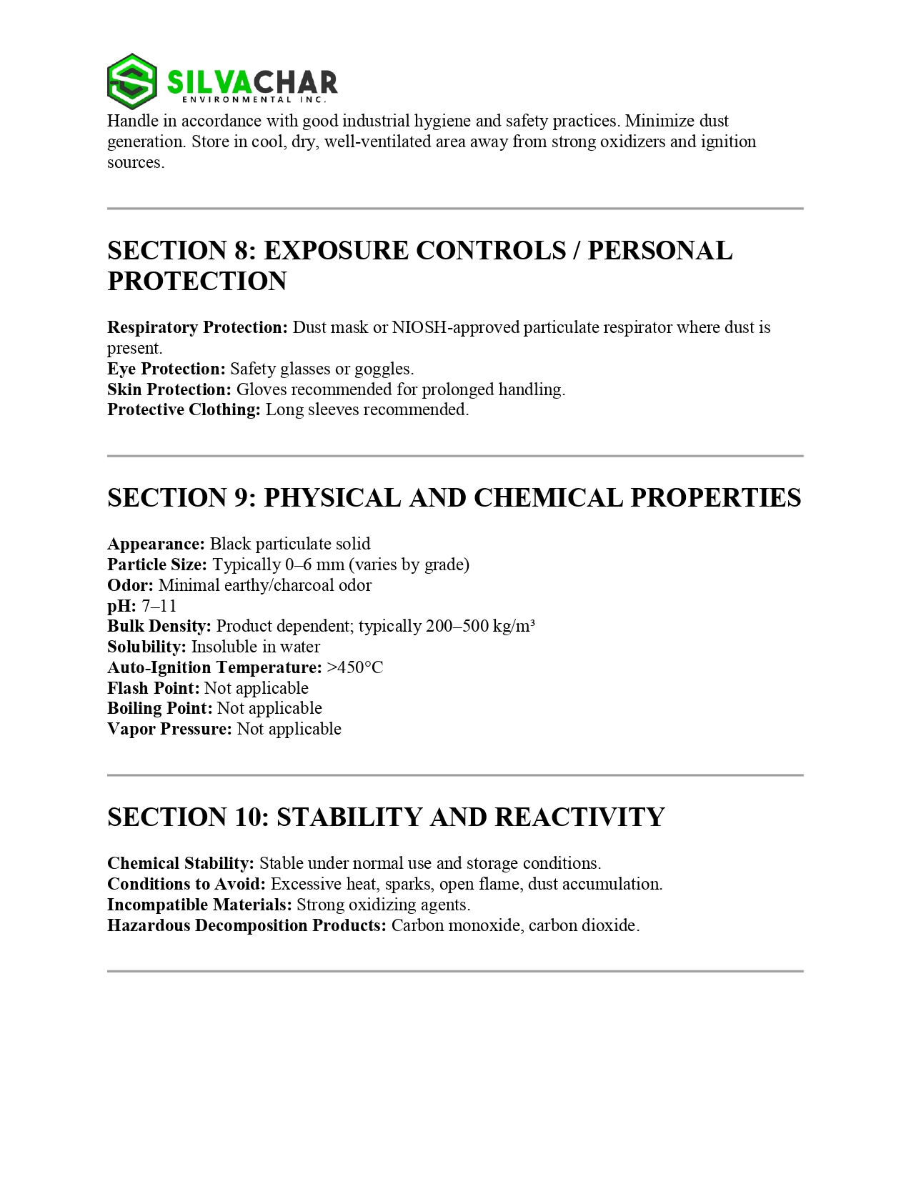 Silvachar Safety Data Sheet, page 3 of 5