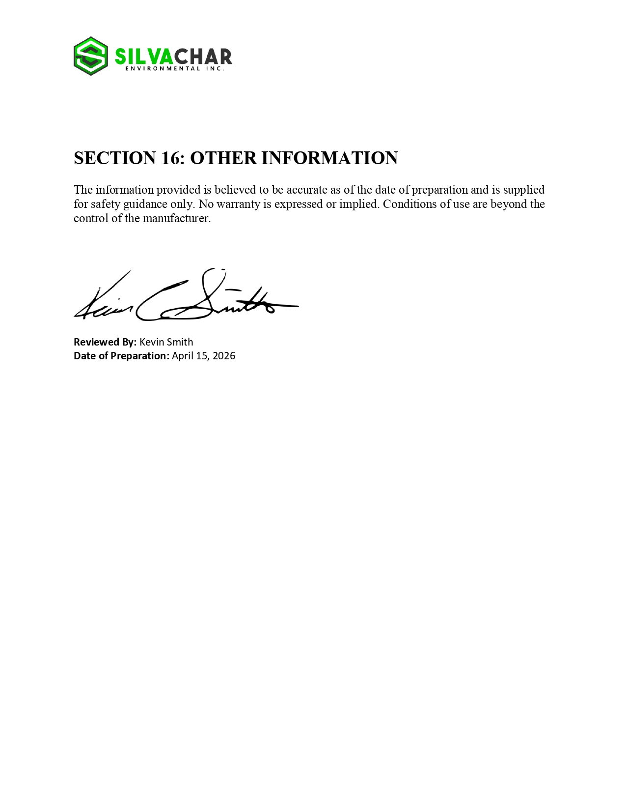 Silvachar Safety Data Sheet, page 5 of 5